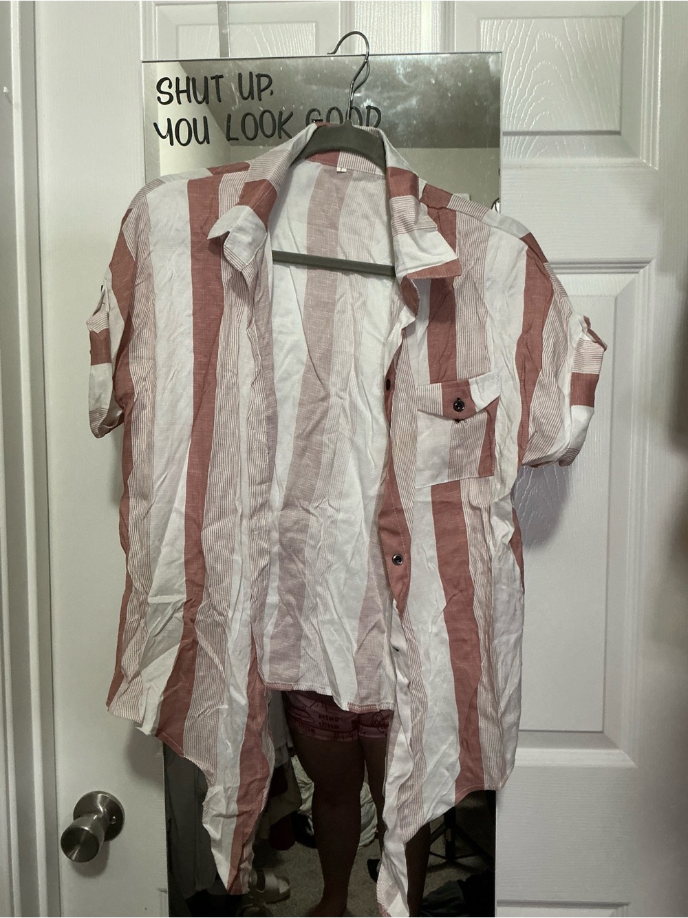 Short-Sleeve Striped Tie Up Button-Up Shirt - White & Rust